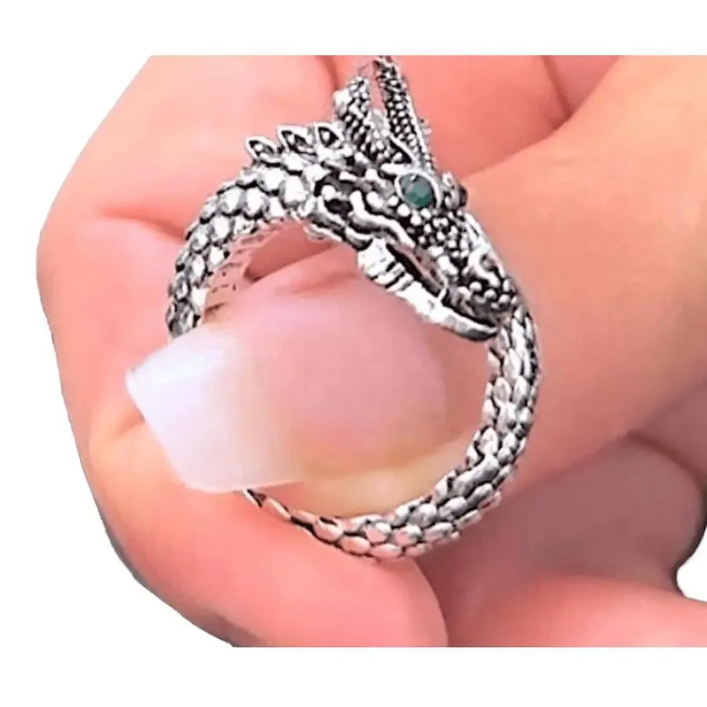 NIB Chinese‎ Green Eye Gem Dragon - Adjustable Diamon Stud Wrap Ring - Size 9W -